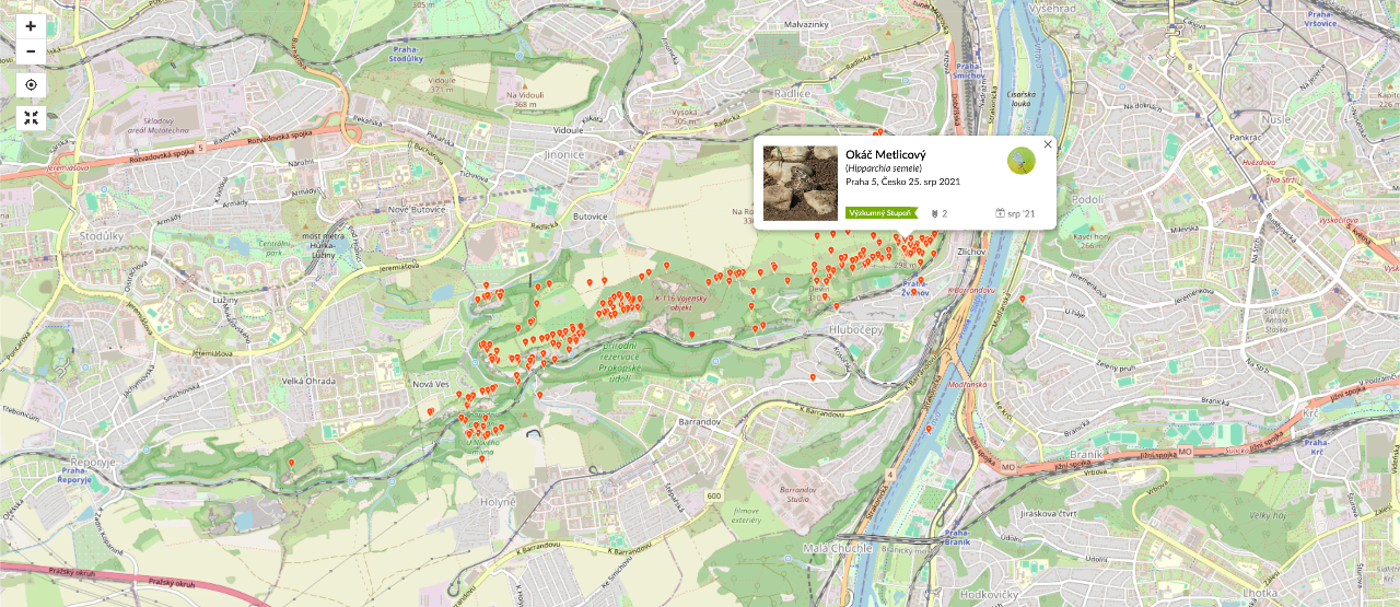 Mapa výskytu okáče metlicového v Praze na iNaturalist